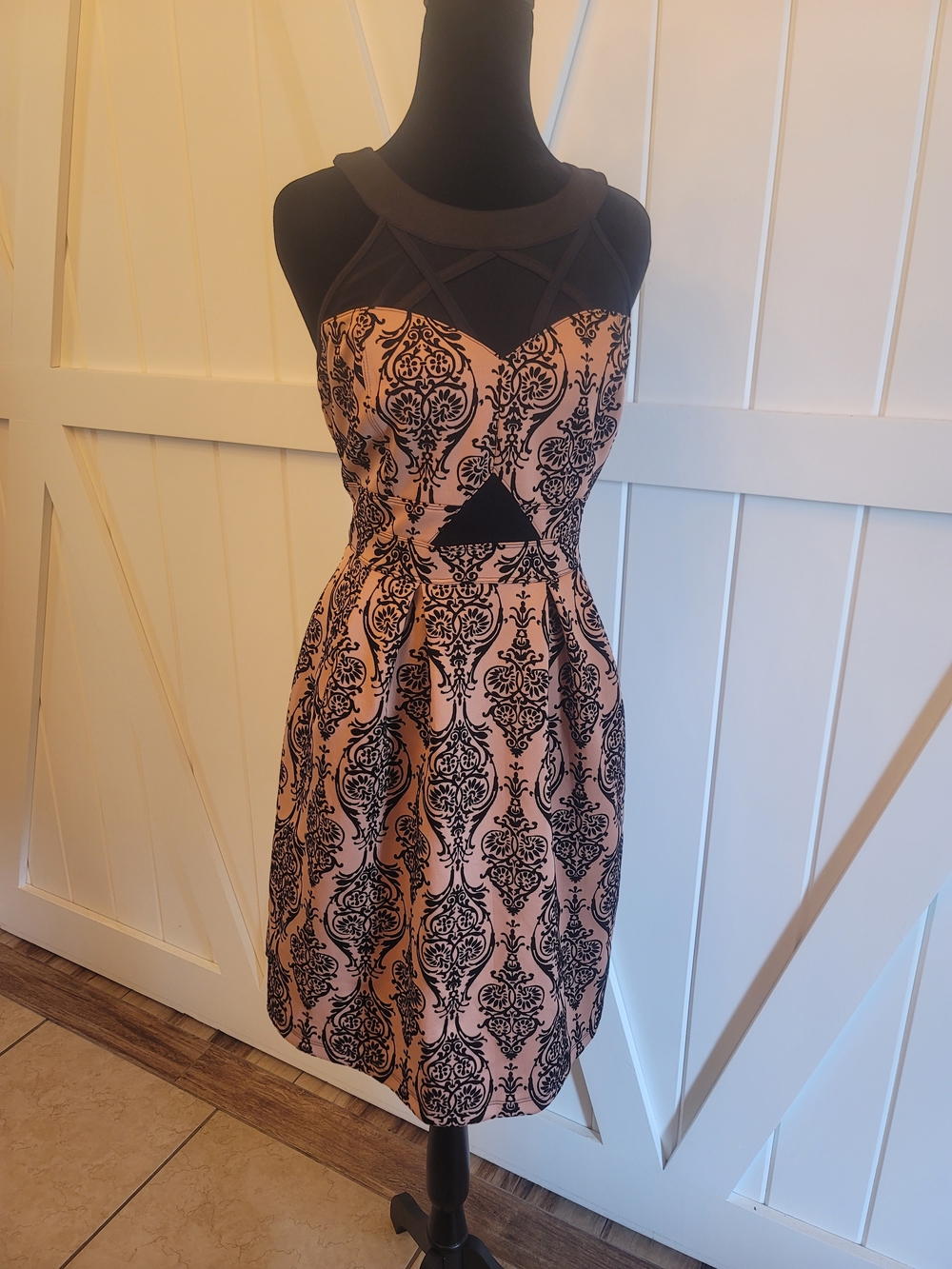 Pink and Black Damask Midi Dress with Mesh Yoke
